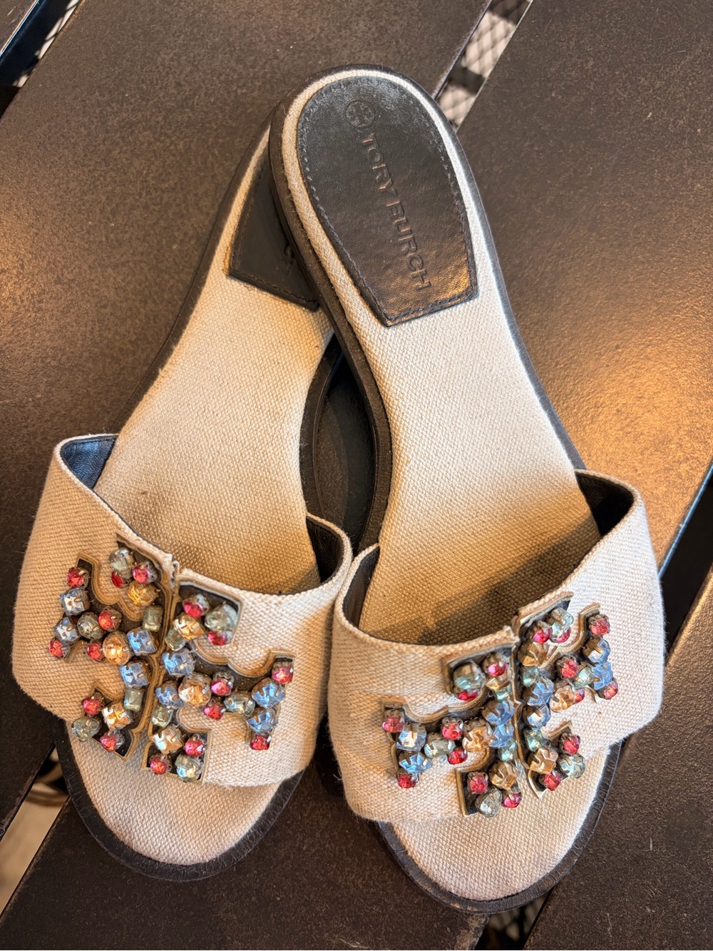 Tory Burch Beige Jeweled Slide Sandals - Picture 4 of 6